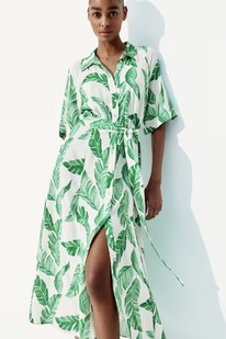  Tie-belt shirt dress White/Green patterned