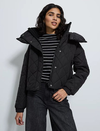 ASDA Black Quilted Hooded Cropped Coat