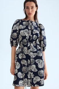  Puff-sleeved dress Navy blue/Patterned