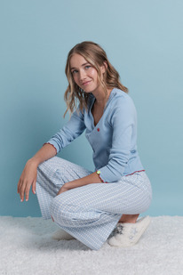 womensecret Langer Pyjama mit blauem Gingham-Karo