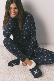 womensecret Langer Pyjama aus 100% Baumwolle in Blau mit Frosch-Print